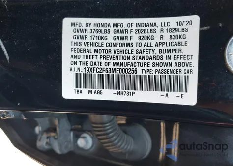 2021 Honda Civic Lx from USA, damaged, VIN 19XFC2F63ME000256